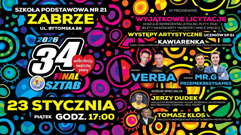 Dwa dni wcześniej, bo już w piątek (23 stycznia), o godz.17:00 w Szkole Podstawowej nr 21 w Zabrzu przy ul. Bytomskiej 26 odbędzie się Wielki Finał Wielkiej Orkiestry Świątecznej Pomocy. Organizatorzy przygotowali wydarzenie, które zapowiada się jako jedno z najbardziej atrakcyjnych finałów WOŚP w regionie.
